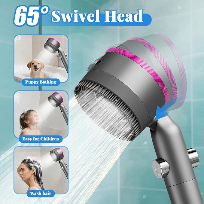 Filtered Handheld Shower Head, High Pressure Power Showerhead with 5 Filters & 59" Flexible Hose, 360° Rotating Adjustable Shower Head with Wall Holder & ON/Off Switch for Hair & Skin, Gray