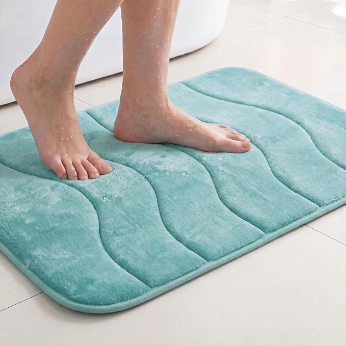 Flamingo P Memory Foam Bath Mat Bathroom Mats Rug Non-Slip Water Absorbent Shower Rugs, 24x17,Aqua Green