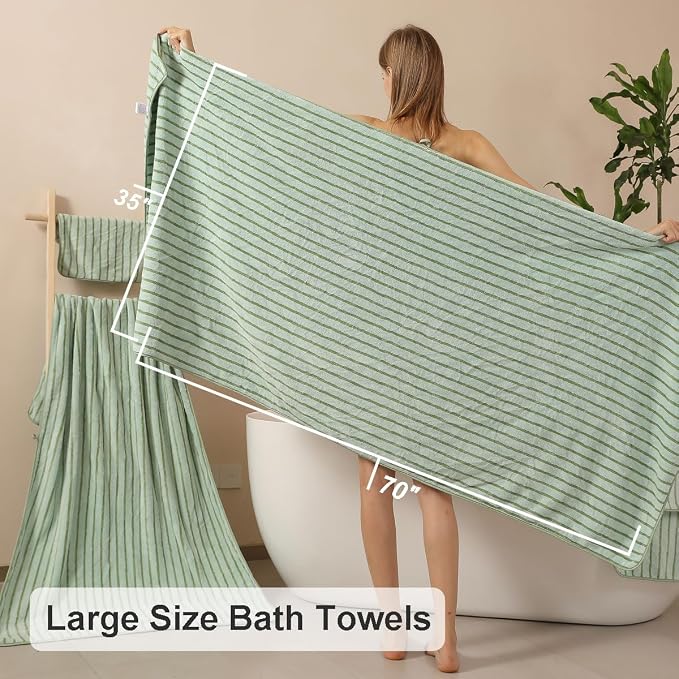 4 Pcs Green Cabana Stripe Large Bath Sheets Soft Polyester Bathroom Towels | Fluffy oversized towel with hang loops absorbent quilck dry easy replacement family dorm sets for home beach pool gym yoga