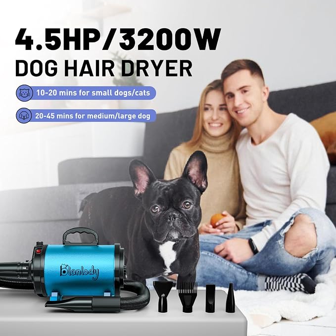 Dog Dryer Pet Hair Blower High Velocity for Grooming, Blow 3800W/5.2HP for Large Dogs Sechoir Pour Chien with Stepless Adjustable Speed, 4 Different Nozzles and Dog Brush,Blue