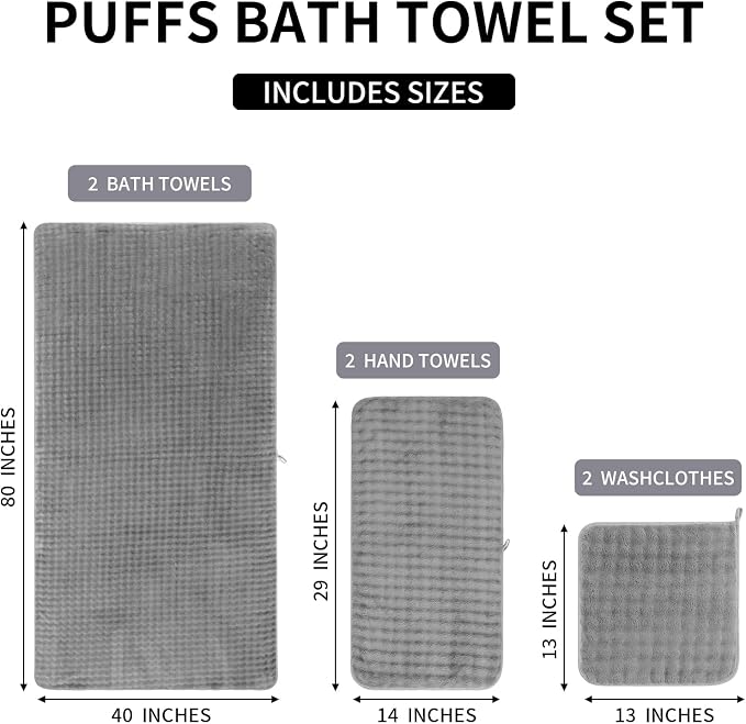 KBY Bath Towels Set 6 Piece 40x80 Inches，2 Extra Large Bath Sheets 2 Hand Towels 2 Washcloths，Highly Absorbent Quick Dry Microfiber,Ultra Soft Towel Set for Bathroom，Spa，Gym， Hotel(Gray