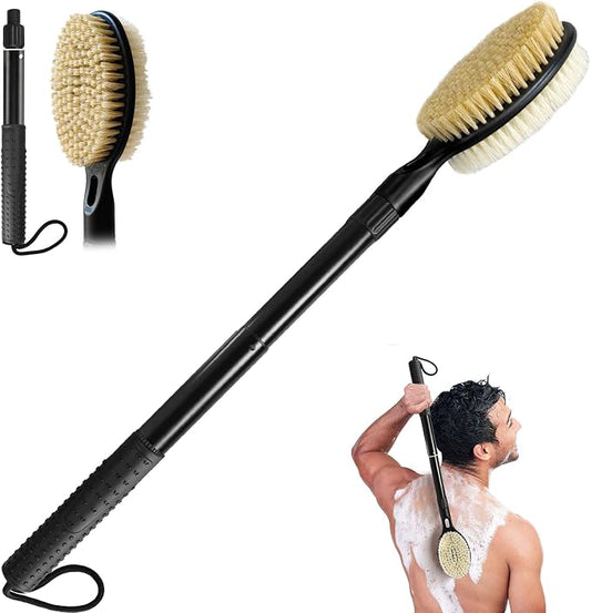 Back Scrubber for Shower with Long Handle, Dual-Sided Bath Brush for Wet & Dry Brushing, Soft & Stiff Bristles Body Exfoliator, Adjustable Detachable Shower Brush for Back, Legs & Feet