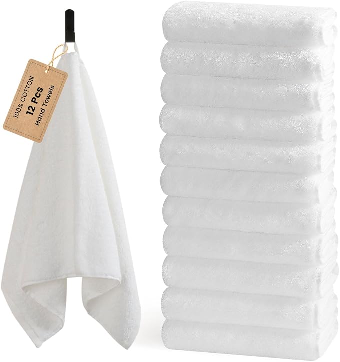 SEMAXE 12-Pack White Cotton Hand Towels for Bathroom with Hanging Loops | Sink-side towels for drying hands and face, ideal for bathrooms, guest baths, powder rooms, OEKO-TEX certified, easy care