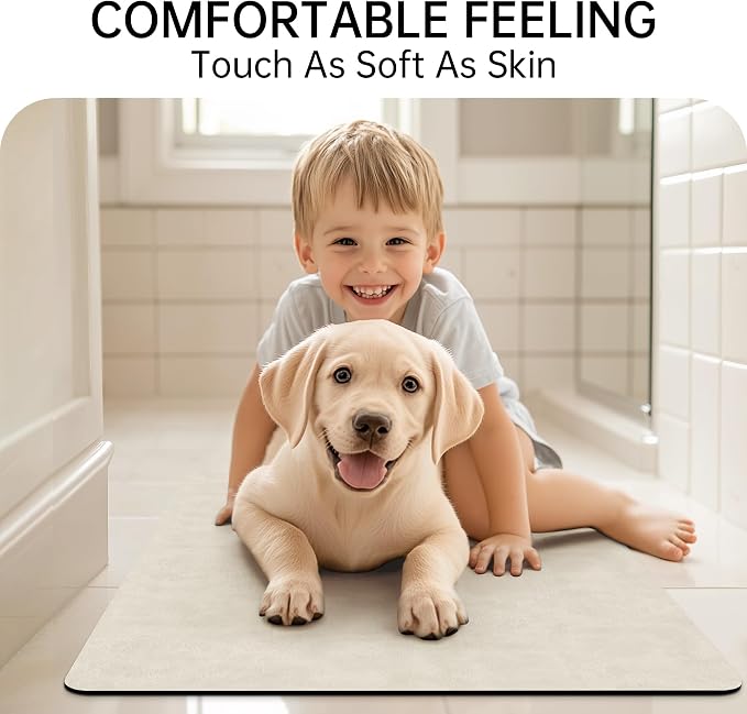 Mecko Bath Mat, Ultra Absorbent Quick Dry Bathroom Floor Mats-Rubber Non-Slip Thin Bathroom Rug Fit Under Door, Faux Suede Surface Shower Rug for Bathtub, Sink, Shower Room(Light Brown,16"x24")