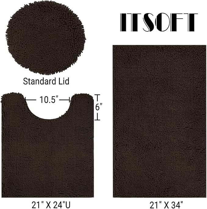 ITSOFT Standard 3pc Non-Slip Shaggy Chenille Bathroom Mat Set, Includes 24"x21" U-Shaped Contour Toilet Rug, 34"x21" Bathmat and 1 Toilet Lid Cover, Chocolate Brown
