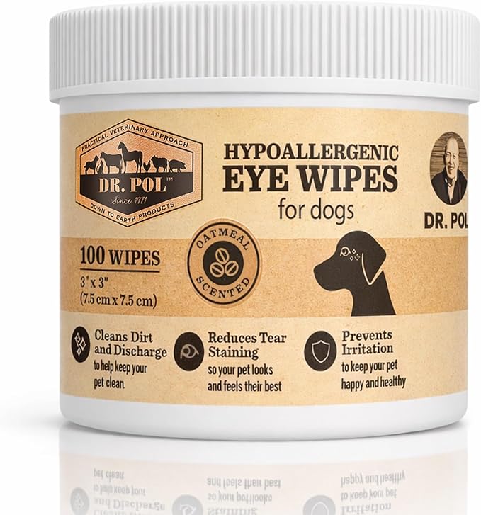 Dr. Pol Pet Eye Wipes for Dogs – Tear Stain Remover & Eye Discharge Cleaner – Hypoallergenic Grooming Wipes, 100 Count – Lightly Scented