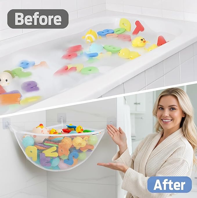 Bath Toy Storage Organizer for Bathtub – Large Mesh Bath Toy Holder & Bath Toy Net, Corner Bathtub Toy Storage with 3 Strong Suction Cups, 3 Adhesive Hooks, Quick-Dry Toy Holder for Tub & Shower