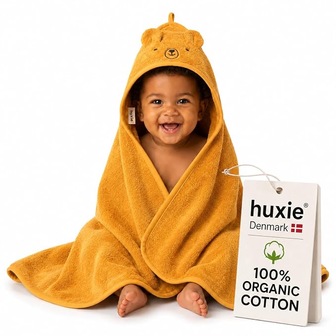 Hooded Baby Towel – 100% Organic Cotton Baby Bath Towels – Baby Boy and Girl Newborn Essentials - Super-Soft and Absorbent. (Bear - Autumn Yellov)