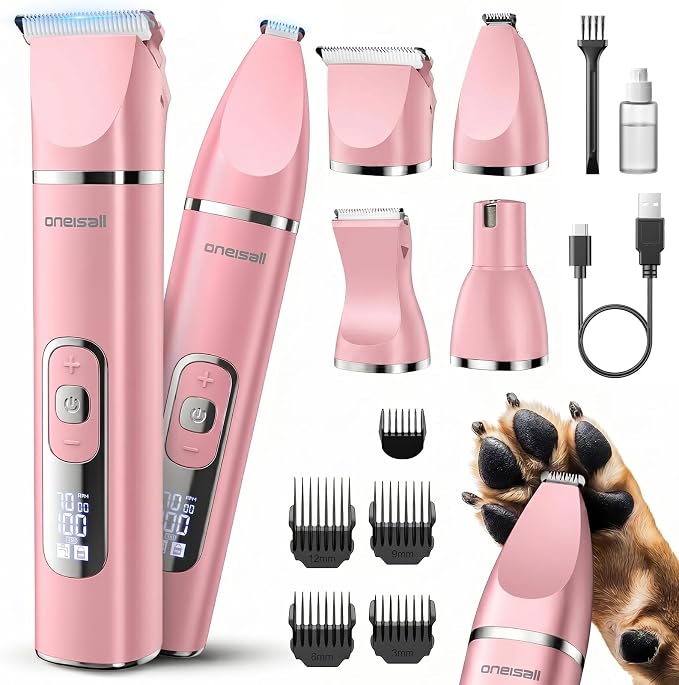 oneisall 4 in 1 Dog Grooming Kit with LCD Display, Dog Hair Trimmer for Paw Nail Grinder, Rechargeable Cordless Low Noise IPX7 Waterproof Pet Clippers Pink
