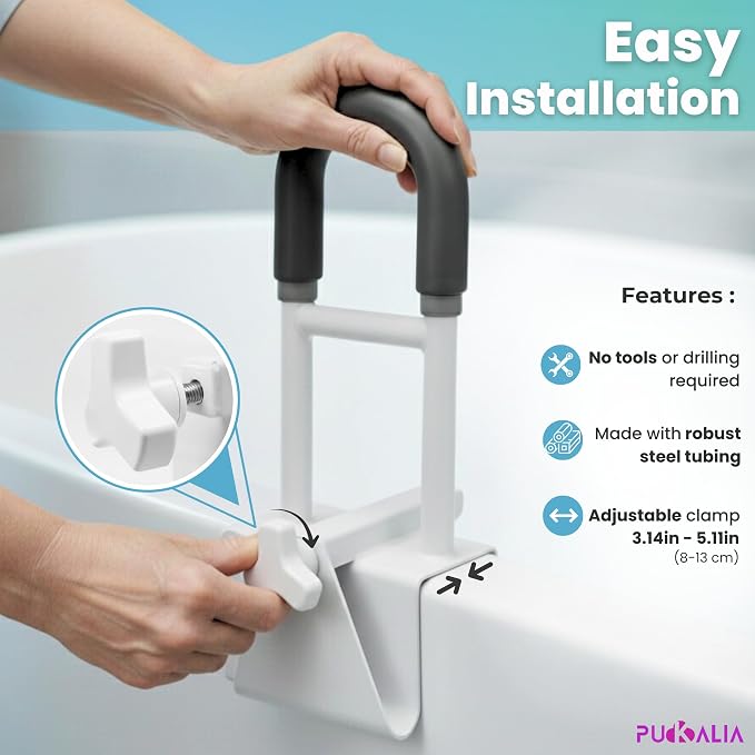 Bathtub Grab Bar Safety Rail for Seniors and Elderly with 300lbs Heavy Duty Iron Support Plus Tool Free Clamp on Shower Handle and Non Slip Bathroom Assist Bar for Side of Tub in White