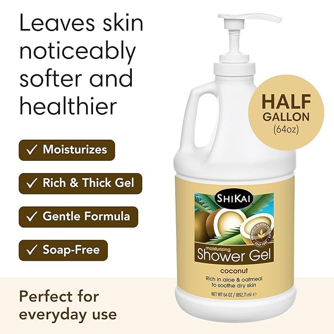 ShiKai Daily Moisturizing Shower Gel (Coconut, 64 oz) | Gentle Soap-Free Body Wash for Dry and Sensitive Skin | With Aloe Vera & Oatmeal
