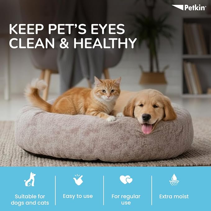 Petkin Jumbo Pet Eye Wipes, 80 Extra Moist Wipes - Gentle Eye Cleansing Wipes Remove Dirt, Discharge, & Tear Stains - Safe, Convenient, & Easy to Use Pet Wipes for Dogs, Cats, Puppies & Kittens