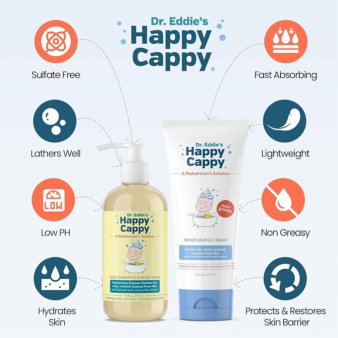 Happy Cappy Baby Shampoo, Body Wash, & Moisturizing Cream Bundle - Eczema Body Wash and Lotion for Kids & Toddlers, Helps with Dryness, Reduces Itching, Dermatologist Tested, Fragrance-Free
