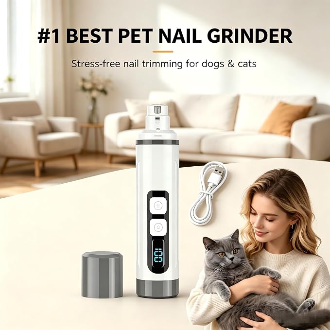 Dog Nail Grinder Quiet- 3-Speed Dog & Cat Nail Grinder with LED Light & Battery Display & Upgrade Grinding Head - Painless Nail Trimmer Dogs, Thick Nails, and Sensitive Paws | Dog Nail Grinder Quiet- 3-Speed、LED Light & Battery Display 、Upgrade Grindin...