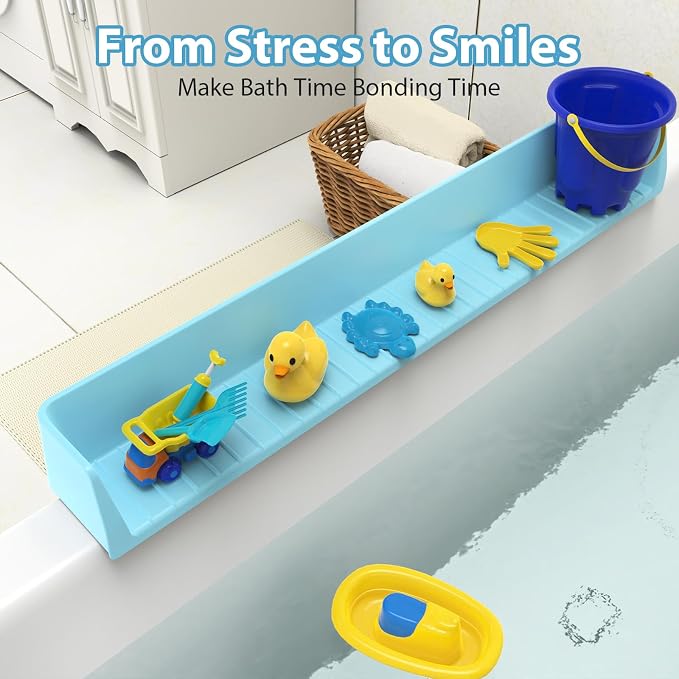 31” Bathtub Splash Guard Shelf with Strong Suction Cups, Silicone Tub Water Guard Organizer for Shampoo & Bath Essentials, No-Mess Spill Protection – Blue