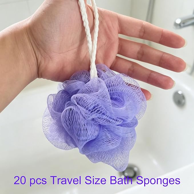 20 Pack Mini Loofah Sponge for Shower, Travel Size Bath Sponges Mesh Shower Puff Bath Pouf with Hanging Loop, Body Scrubber for Kids Women Men, 5 Colors