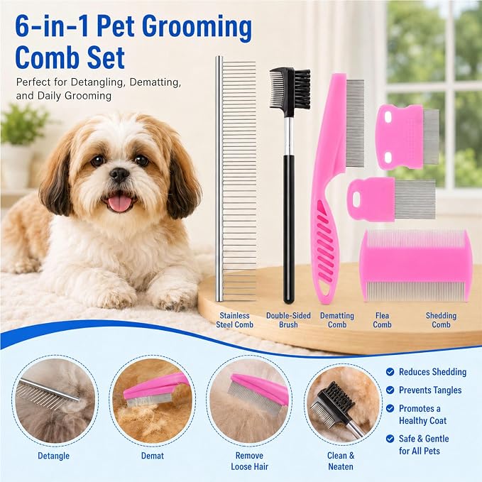 6 Pcs Flea Lice Comb for Cats Dogs, Pink | Stainless Steel, Rounded Teeth, Tear Stain Remover, Dematting Brush, Professional Pet Grooming Kit