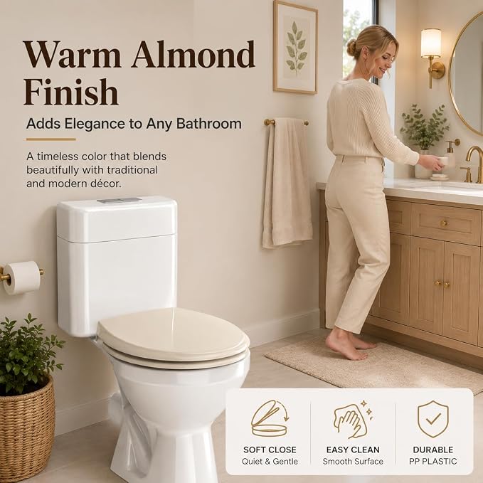 Round Toilet Seat Almond 16.5 Inch, Soft Close Toilet Seat, Quiet No Slam Toilet Lid, Easy Install & Quick Release, Durable PP Plastic, Easy Clean, Fits Most Standard Round Toilets, Almond