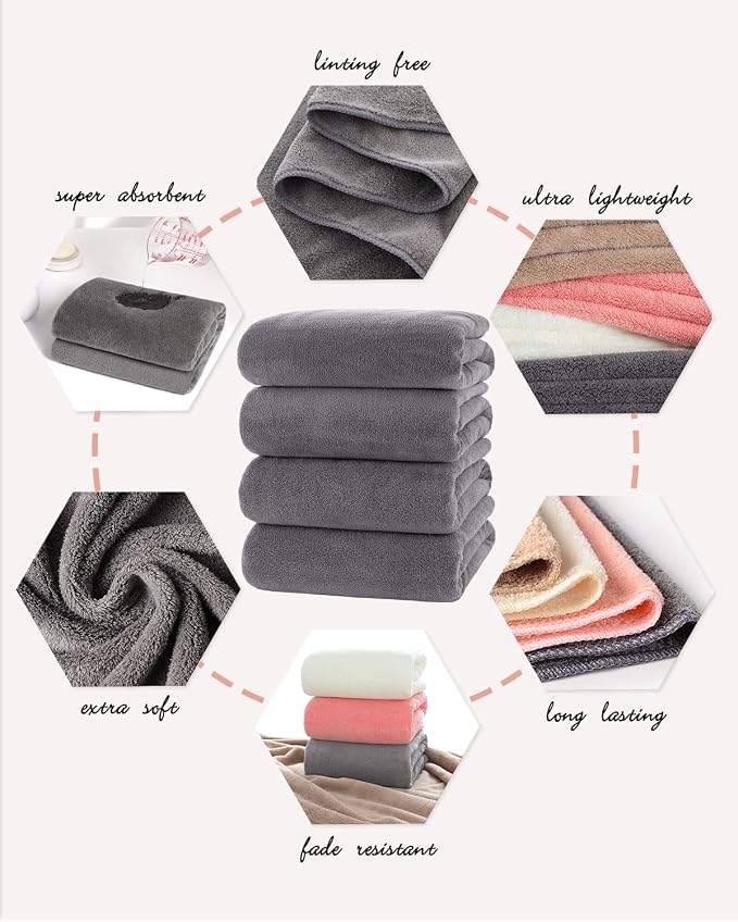 Lumimi Towel Set of 8 Very Soft Microfiber 4 Bath and 4 Hand Towels Quick Dry Light Weight for Bathroom Gym Salon, 8 Pack Dark Grey