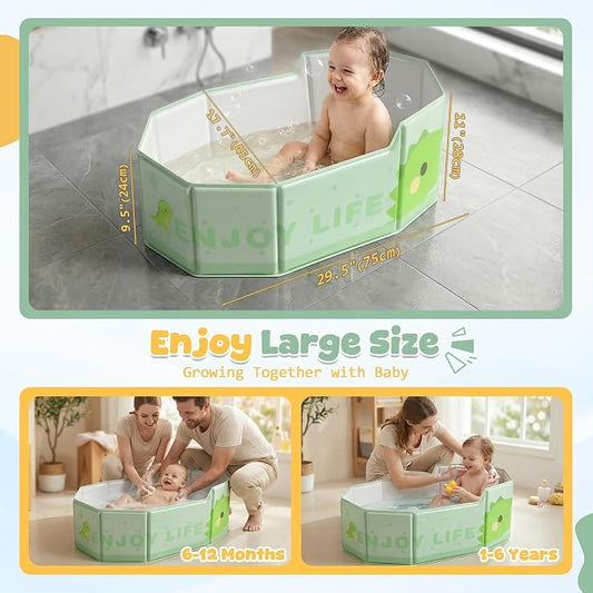 Orzbow Portable Toddler Bathtub with Temperature Sticker, Collapsible Baby Bathtub with Side Drain Plug, Travel Baby Bath Tub for 6 Months+, Easy to Clean, Stable & Durable, Folds to Store, Green