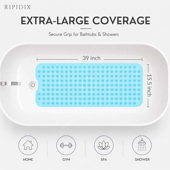 Non-Slip Bathtub Mat – 39"x15.5" Extra Long Shower Mat with Powerful Suction Cups & Drain Holes, Machine Washable Bath Mat for Tub, Foot Massage Texture, Helps Keep Tubs Clean, Clear Blue