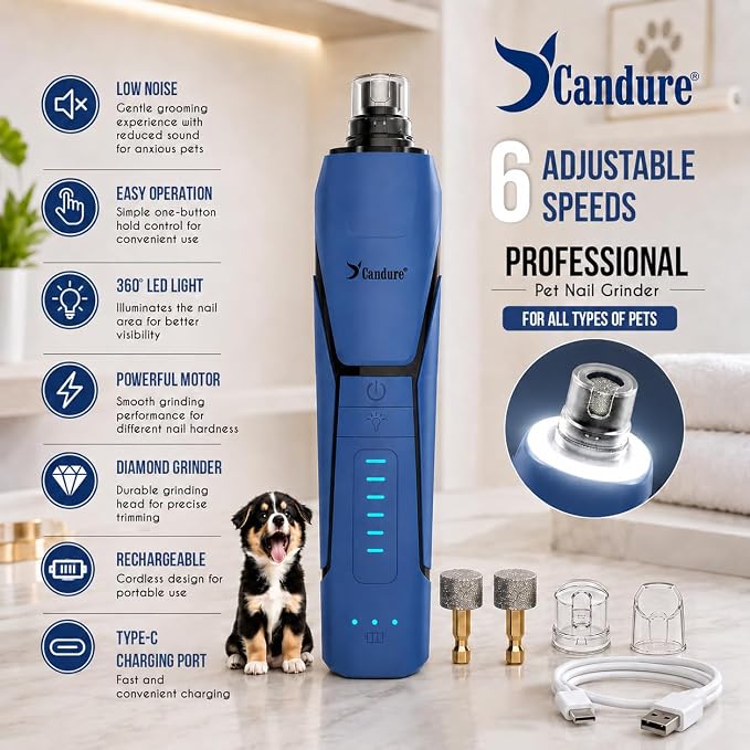 Candure Whisper Quiet Dog Nail Grinder with 360 Degree LED Light, 6-Speed Rechargeable Pet Nail Trimmers with Extra Grinding Head for Safe, Stress-Free Grooming for All Pet Sizes