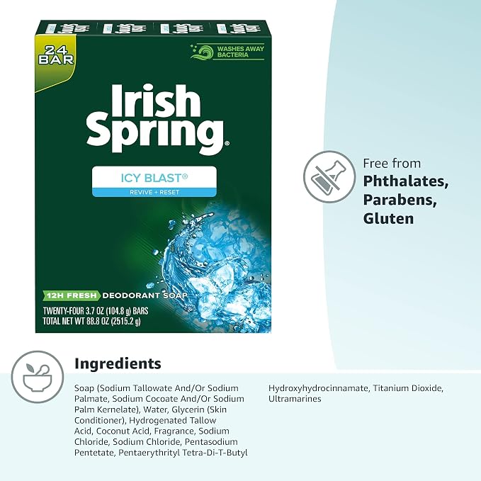 Irish Spring Icy Blast Bar Soap for Men, Mens Soap, Smell Fresh and Clean 12 Hours, Men Bars Washing Hands Body, Mild Skin, Recyclable Carton, 3.7 Oz, (Pack of 48)
