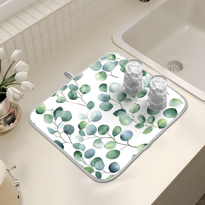 Eucalyptus Leaf Morandi Dish Drying Mats for Kitchen Counter Small Drying Mat for Dishes Microfiber Dish Rack Mat Drainer Pad Washable Foldable Ultra Absorbent Dry Mat 18"x16"