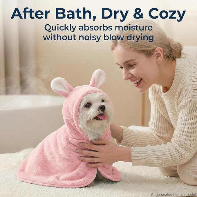 Dog Bathrobe Super Absorbent Towel for Small Dogs Cats Fast Drying Dog Robe Coat with Hood Puppy Cat Bath Towel Wrap Pet Grooming Supplies After Shower (Light Pink,XS)
