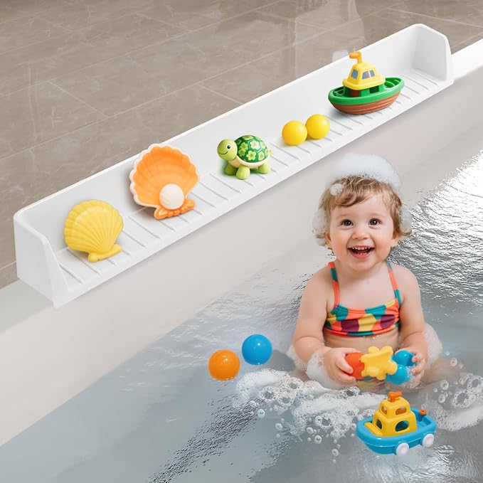 31.5" Bathtub Splash Guard for Tub Kids, Silicone Splash Shield with 11 Suction Cups, Toy Tray Shelf, No Spill Water Barrier, Prevents Mess, Fun Bathtime for Toddlers Baby–White