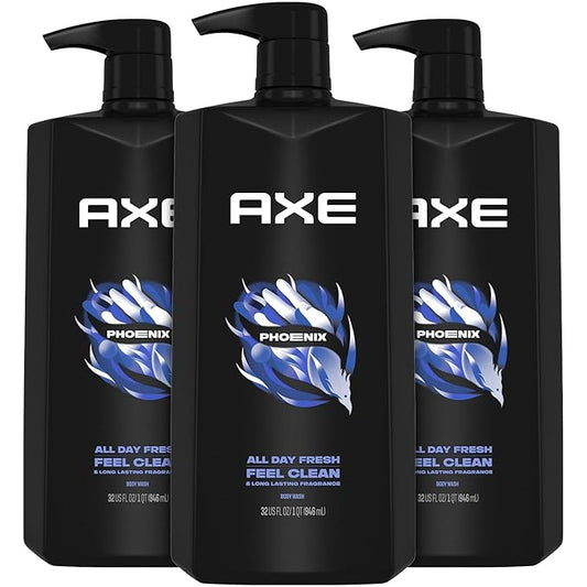 AXE Men's Body Wash & Shower Gel, Phoenix, 3-Pack, 12H Invigorating Crushed Mint & Rosemary Scent, 32 Fl Oz Each