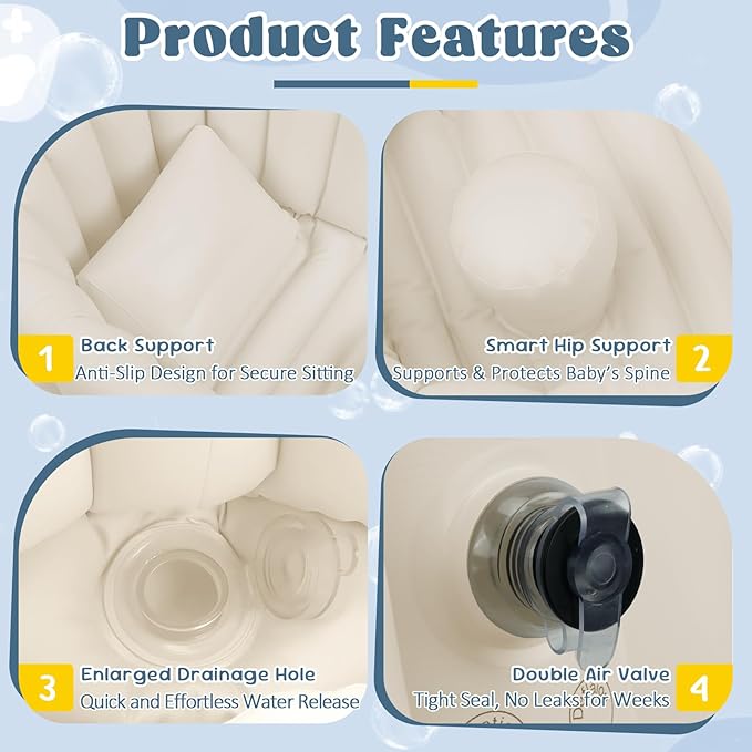 Inflatable Baby Bathtub, Collapsible Baby Bath Back Support, Portable Newborn Travel Bath tub with Drain Hole, Foldable Baby Bath Tubs for Infant to Toddler 0-24 Months (White)
