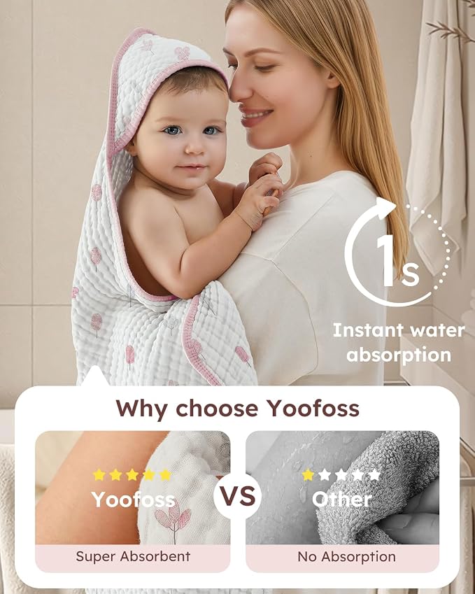 Yoofoss Hooded Baby Towels for Newborn 2 Pack 100% Muslin Organic Cotton Baby Bath Towel with Hood for Babies, Infant, Toddler and Kids,37.5"x37.5", Soft and Absorbent Newborn Essential,Pink&WhiteLeaf