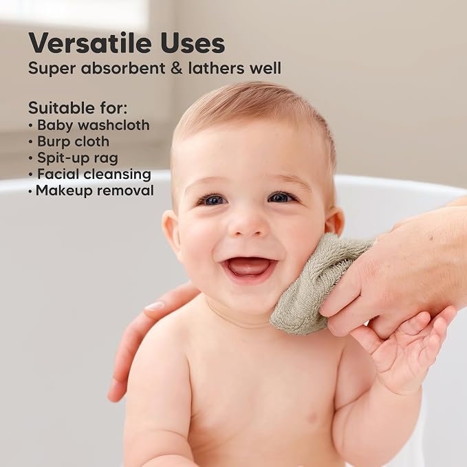 6-Pack Baby Washcloths, Soft Absorbent Washcloths for Face, Body (Khaki) | Viscose from Bamboo Washcloths, Baby Towels, Newborn, Kids, Toddlers, Infant, Gentle on Sensitive Skin, 10x10, Reusable