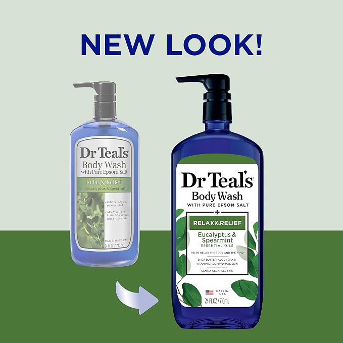 Dr Teal's Body Wash with Pure Epsom Salt, Relax & Relief with Eucalyptus & Spearmint, 24 fl oz (Pack of 4) (Packaging May Vary) & Pure Epsom Salt Soak, Relax & Relief with Eucalyptus & Spearmint, 3lbs