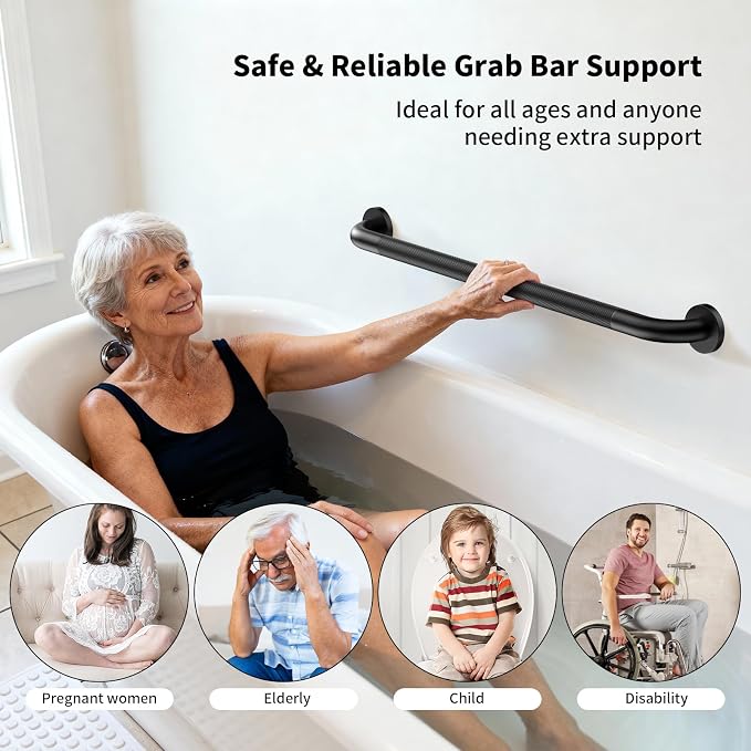 Matte Black Grab Bar 32 Inch, iHansee Anti-Slip Bathroom Grab Bar w/Knurled Texture Grip, Stainless Steel Safety Handrail for Toilet Bathtub, Wall-Mount Shower Handle Handicap Bars for Senior Elderly