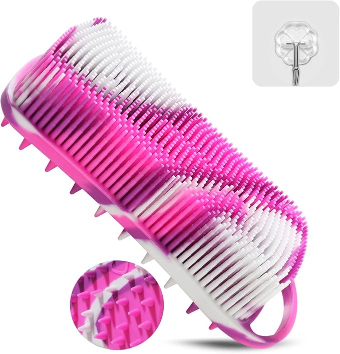 Silicone Body Scrubber, 2 in 1 Body Brush & Hair Scalp Brush for Shower and Bath, Easy Clean, Lathers Well, Stimulating Blood Circulation More Hygienic Than Loofah, Fit Women Men.Camo Purple