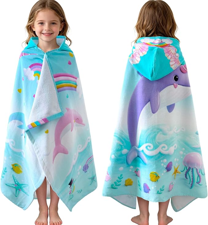 VOOVA & MOVAS Kids Hooded Beach Towels (3-8Years, 30''X50) | 100% Cotton | Large Soft Thick Absorbent Wrap Blanket | Ideal for Beach, Pool, Bath | Pink Whale