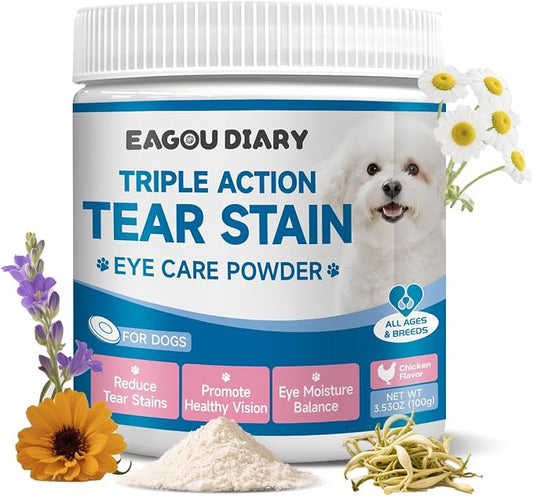 Dog Tear Stain Supplement - Eye Moisture & Vision, Tear Stain Remover 100g | Lutein, Zinc, Chamomile, Astragalus Root, Bromelain, VitaminB6, Tear Stain Supplement for Dog, Natural for Clear Eyes