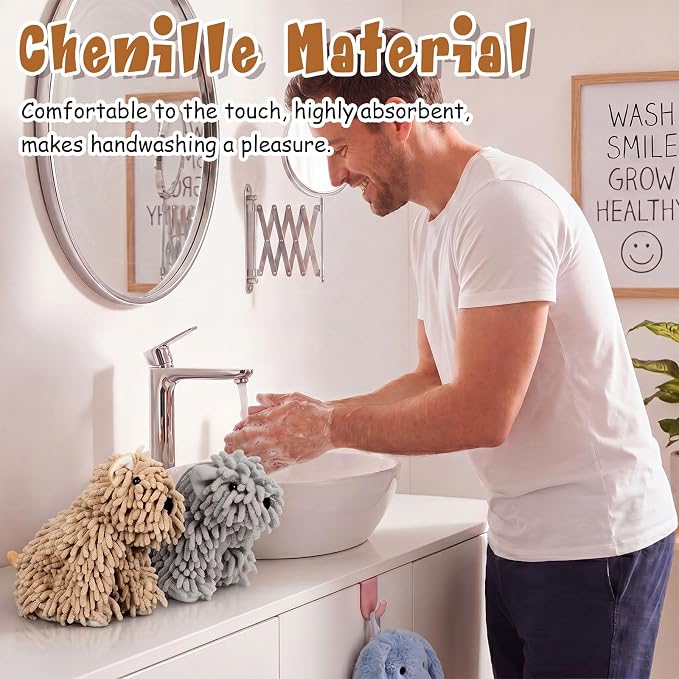 Tegeme 2 Pcs Chenille Dog Hand Towel Fuzzy Towel Absorbent Microfiber Soft for Bathroom Kitchen Washstand (Khaki Grey,Siting and Standing Dog)