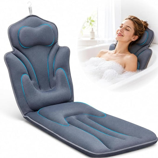 Full Body Bath Pillow for Bathtub Thickened 5D Air Mesh 144 Suction Cups | Bath Pillow Luxury Bathtub Pillow 3.7'' Thick Head, Neck and Back Support Bath Tub Pillow Large 56 x 18 Inch Size
