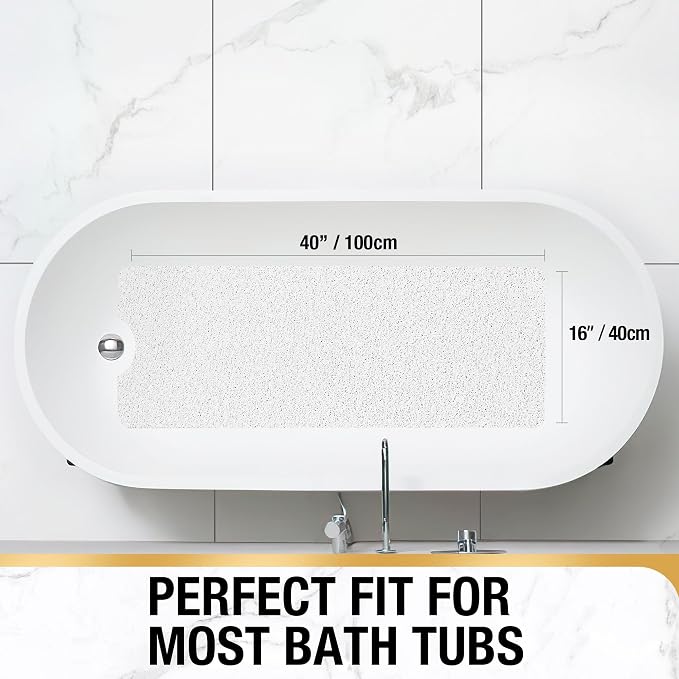 HITSLAM Non Slip Bathtub Mat 40 x 16 Inch, Extra Long Bath Mat for Tub, Soft PVC Loofah Shower Floor Mat with Drain, Quick Drying Bathroom Tub Mat for Wet Area, Without Suction Cup, White