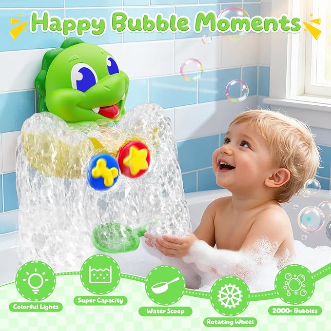 Dinosaur Baby Bath Toys for 1 2 3 Year Old Boys, Dino Bath Bubble Machine with Rainbow Lights & Water Scoop,Fun Toddler Toys Baby Shower Bathtub Toys Birthday Gifts for Kids Age 1-3 Year Old