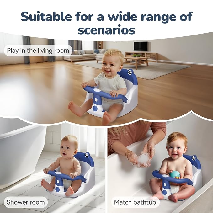 Baby Bath Seat for Babies 6 Months & Up - One-Handed Snap-On Armrest Baby Bath Chair | 4 Suction Cup Non-Slip Baby Bathtub Seat with Storage Bag | Ergonomic Infant Bath Seats for Baby Sitting Up Blue