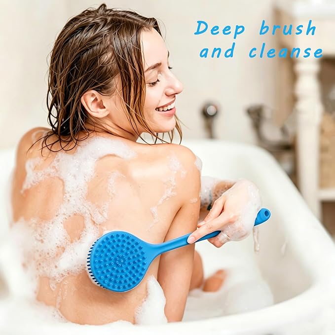 Silicone Back Scrubber for Shower, 17in Lengthen Long Handle Body Brush, Double Sided Shower Brush for Shower Exfoliating and Massage,Includes 2 Hooks (Blue)