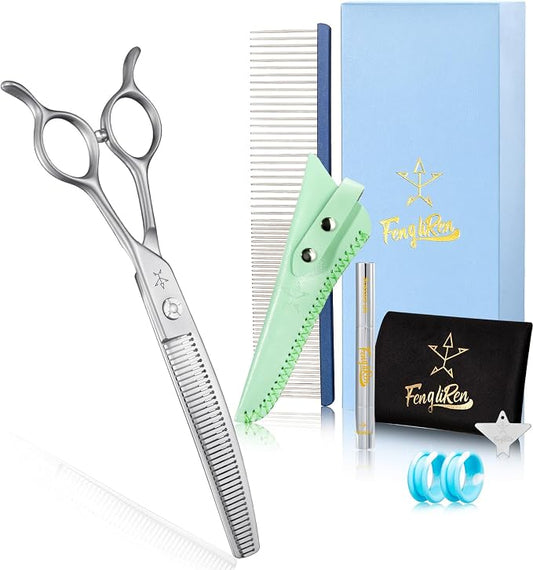 High-end Professional Dog Grooming Curved Thinning Scissors Teeth Blending Shears Pet Texturizing Thinner Blender Shears 7 Inch Extremely Very Sharp Made Of Stainless Steel Alloy For Dog Cat Groomer