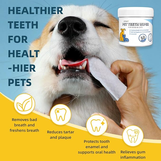 No-Rinse Dog Teeth Cleaning Wipes - Cat & Dog Fresh Breath Pet Dental Finger Wipes, Dog Toothbrush Dental Wipes to Easy Remove Plaque & Tartar, Gently Cleans Discharge (50 pcs, Unscented)