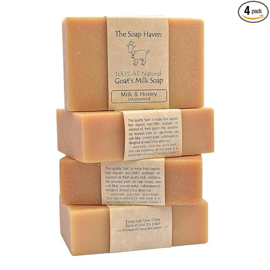 4 Goat Milk Soap Bars with Honey - Handmade in USA. All Natural Soap, Unscented, Fragrance Free, Fresh Goats Milk. Wonderful for Sensitive Skin and Babies. SLS, Paraben, GMO-Free