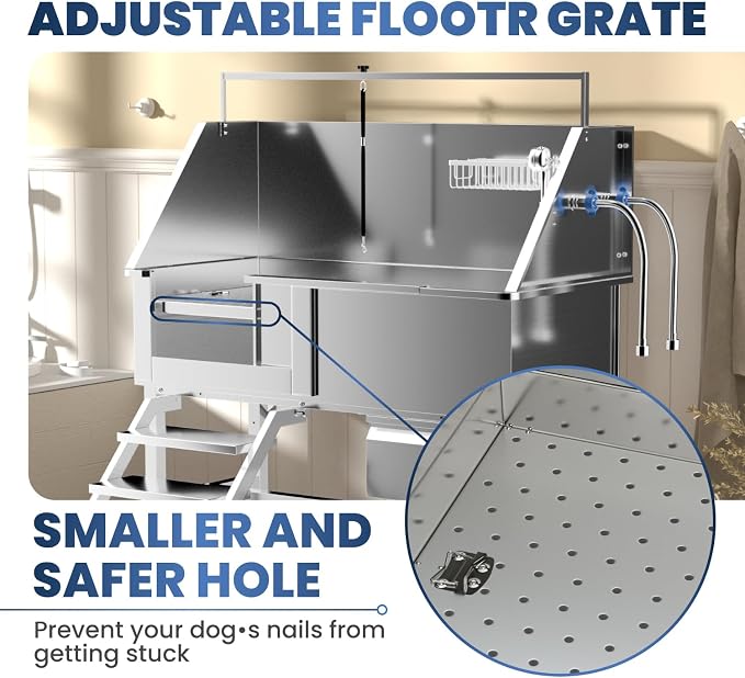 46" Dog Washing Station, Professional Stainless Steel Dog Bathtub w/Ramp & Storage Drawer, Adjustable Grate, Non-Slip Design, Perfect for Home Grooming & Large Dogs (46" Left Stair)