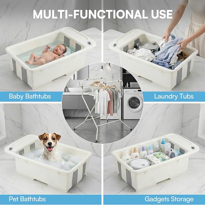 Baby Bathtub with Stand,Collapsible Infant Bath Tub | Large Capacity Newborn Toddler Shower with Thermometer & Soft Cushion for Baby 0 to 36 Months
